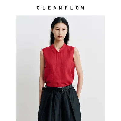 CLEANFLOW | 100%纯亚麻短款无袖休闲小翻领暗门襟衬衫女设计感