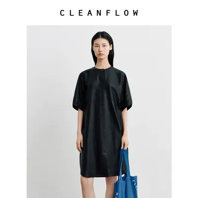CLEANFLOW | 花瓣袖香云纱莨绸衬衫圆领连衣裙女2026夏季新款裙子