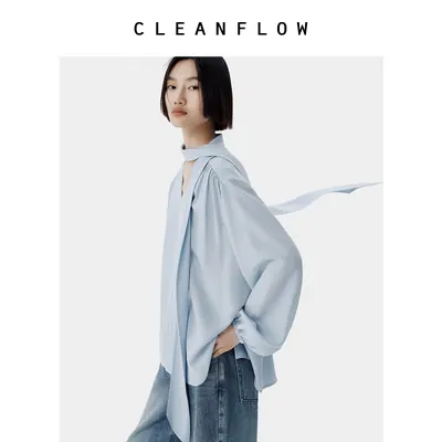 CLEANFLOW | 26姆米建宏绉花苞袖飘带衬衫女高级感2026秋新款上衣