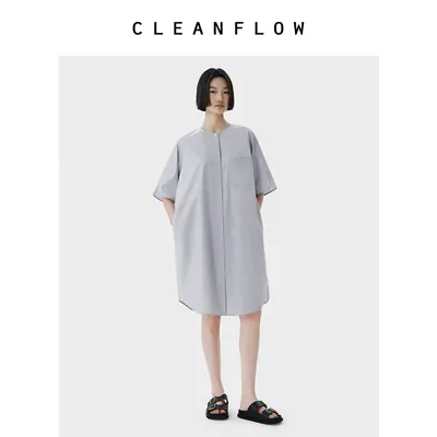 CLEANFLOW | 花瓣袖色织纯棉衬衫圆领连衣裙女2026春秋季新款裙子
