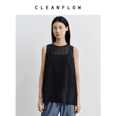 CLEANFLOW | 黑色小波点乔其桑蚕丝无袖气质背心女2026夏新款上衣