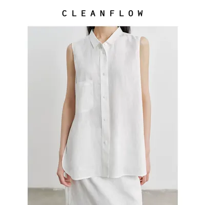 CLEANFLOW | 100%纯亚麻高开衩翻领单排扣无袖休闲衬衫女设计感