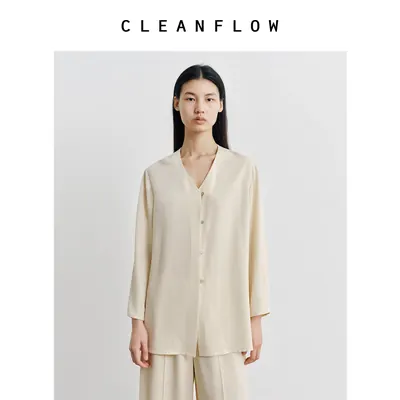 CLEANFLOW | 米色真丝建宏绉V领开襟中式松弛衬衫女高级气质上衣