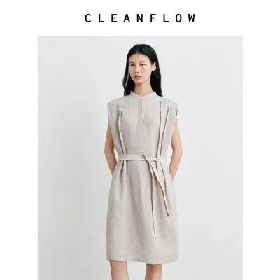 CLEANFLOW | 米灰色千鸟格色织纯亚麻立领褶裥连衣裙女2026夏新款