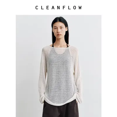 CLEANFLOW | 100%纯亚麻肌理简约针织挑孔镂空T恤罩衫女新款上衣