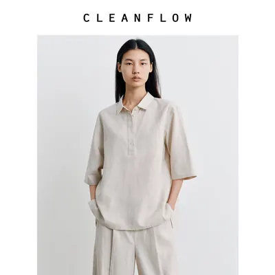 CLEANFLOW | 柞蚕丝亚麻半开襟中袖休闲衬衫女2026秋新款气质上衣