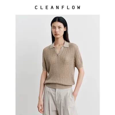 CLEANFLOW | 桑蚕丝和纸编织透气镂空针织短袖T恤女老钱风polo衫