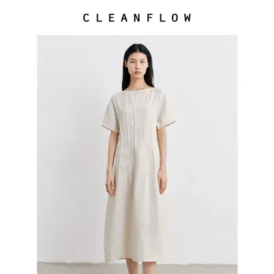 CLEANFLOW | 100%纯汉麻褶裥收腰气质短袖连衣裙女度假穿搭高级感