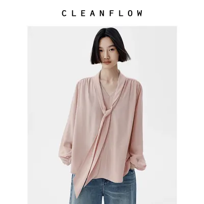 CLEANFLOW | 26姆米肉粉色建宏绉花苞袖飘带衬衫女高级感气质上衣