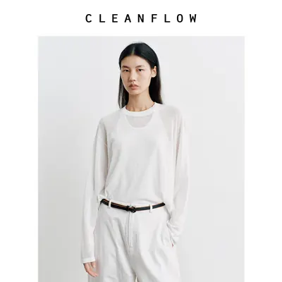 CLEANFLOW | 醋酸亚麻棉亲肤圆领针织衫秋夏长袖T恤宽松百搭罩衫