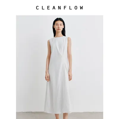 CLEANFLOW | 亚麻立裁捏褶无袖中式收腰连衣裙女2026夏季新款裙子