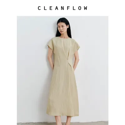 CLEANFLOW | 亚麻立裁捏褶短袖中式收腰连衣裙女2026夏季新款裙子