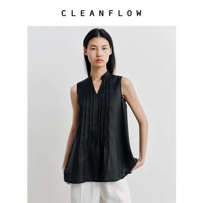 CLEANFLOW | 水洗100%纯苎麻中式立领牙签褶无袖衬衫女2026夏新款