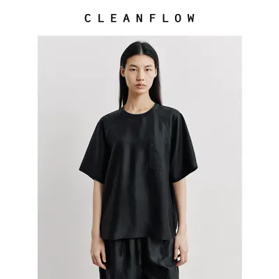 CLEANFLOW | 平板香云纱轻运动拼接短袖真丝T恤女2026夏新款上衣
