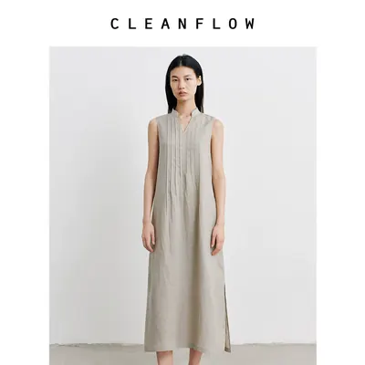 CLEANFLOW | 水洗100%苎麻中式立领牙签褶气质无袖连衣裙女高级感