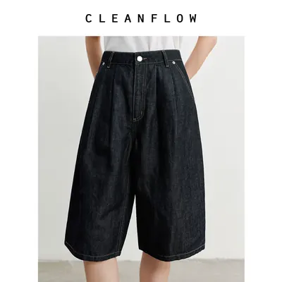CLEANFLOW | 亚麻棉原色牛仔直筒五分休闲短裤女2026夏季新款裤子