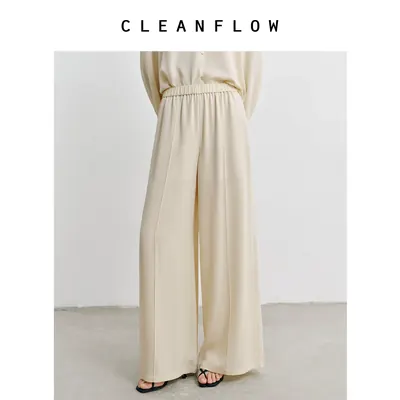 CLEANFLOW | 米色真丝建宏绉松紧腰垂感气质休闲直筒裤子女松弛感