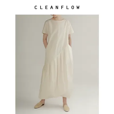 CLEANFLOW“经典重现” | 米坯色柞蚕丝棉皱感斜摆百褶时装连衣裙