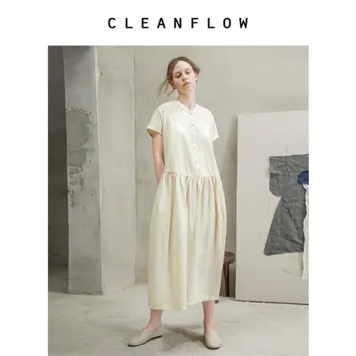 CLEANFLOW“经典重现” | 米坯色柞蚕丝棉皱感不对称大摆连衣裙女