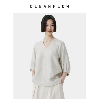 CLEANFLOW | 100%纯斜纹绸桑蚕丝花苞袖V领衬衫女高级感新款衬衣