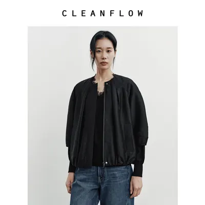 CLEANFLOW | 桑蚕丝毛斜纹圆领中式七分花苞袖外套女秋季新款夹克