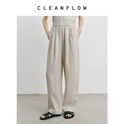 CLEANFLOW | 米灰千鸟格100%纯亚麻雅痞气质休闲百搭西裤女松弛感