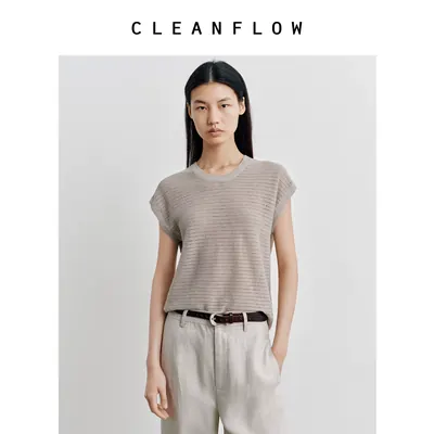 CLEANFLOW | 纯亚麻针织镂空落肩气质背心女2026夏季新款百搭T恤