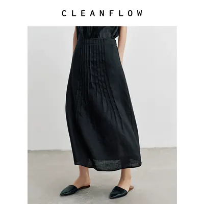 CLEANFLOW | 水洗100%纯苎麻牙签褶松紧腰半身裙女2026夏新款裙子