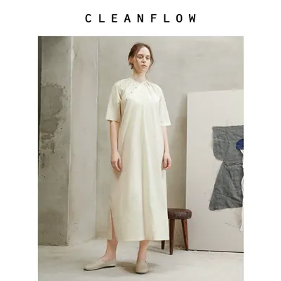 CLEANFLOW“经典重现” | 米坯色柞蚕丝棉皱感收褶旗袍中袖连衣裙