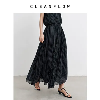 CLEANFLOW | 黑色小波点乔其桑蚕丝褶裥半身裙女高级感2026夏新款